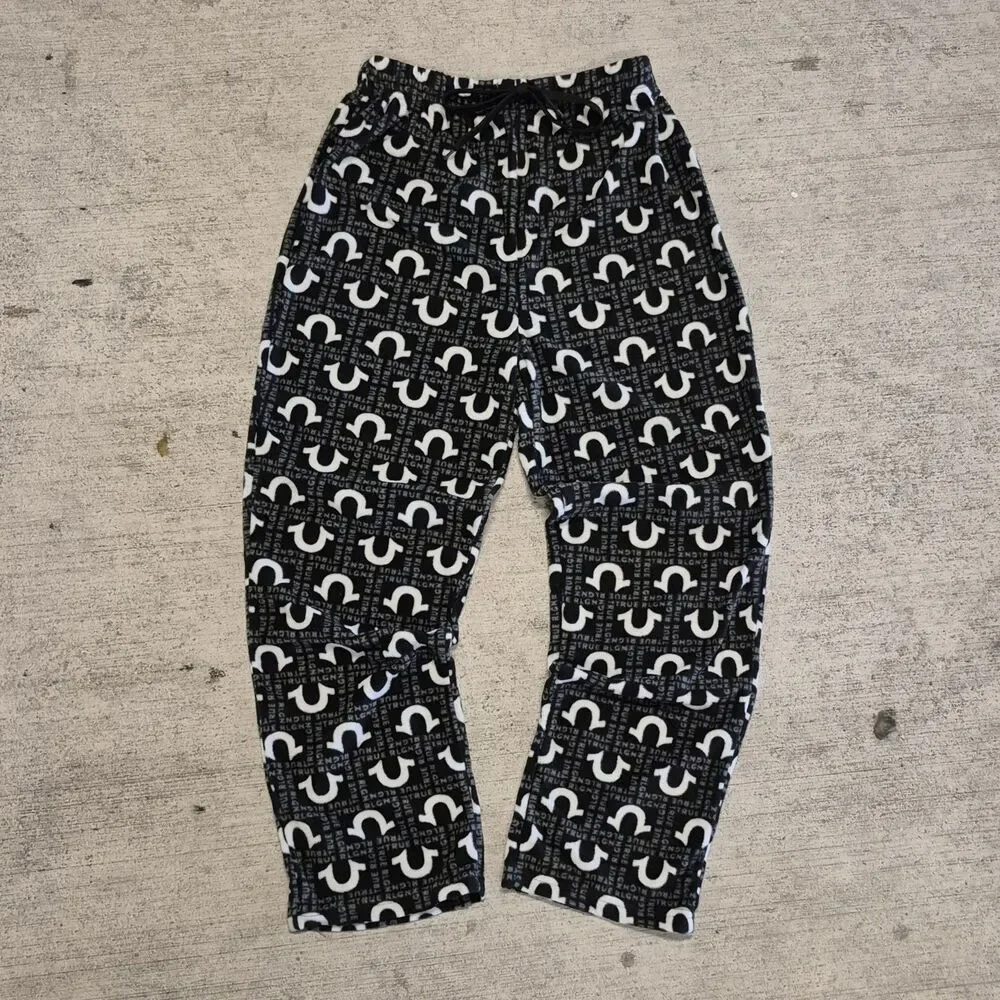 True Religion Black Fleece Pajama Pants Loungewear Men's Large Logo Print